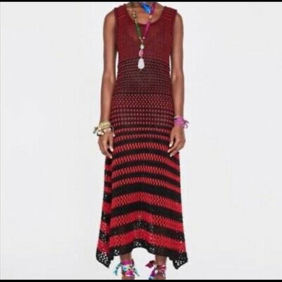 Zara  Studio Red Black Linen Maxi Long Knit Crochet Dress Sz M - Picture 4 of 16